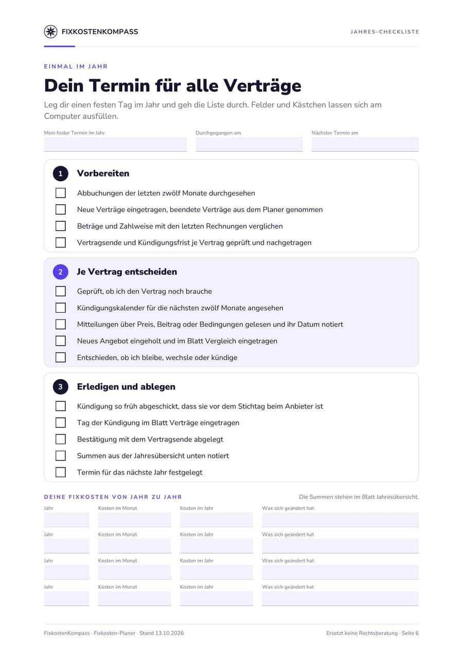 Seite 6 mit der Jahres-Checkliste, 14 Kästchen zum Abhaken und Feldern für deine Fixkosten von Jahr zu Jahr