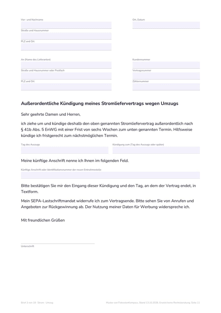 Seite 11 des Kündigungs-Kits, Brief 3 zur Kündigung des Stromliefervertrags wegen Umzugs, mit Feldern für Absender, Lieferant, Kundennummer und Auszugstag