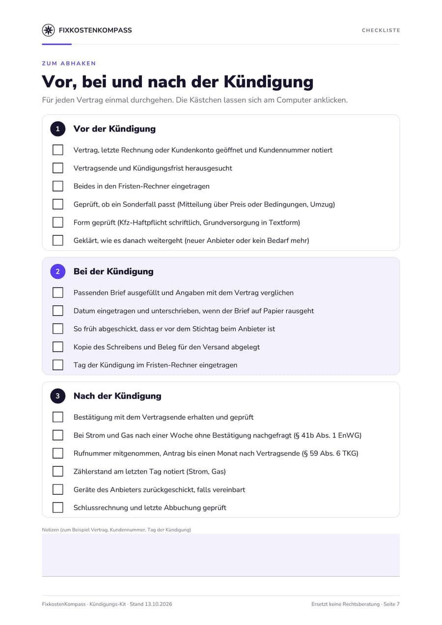 Seite 7 des Kündigungs-Kits mit der Checkliste für die Zeit vor, bei und nach der Kündigung mit 17 Kästchen zum Abhaken