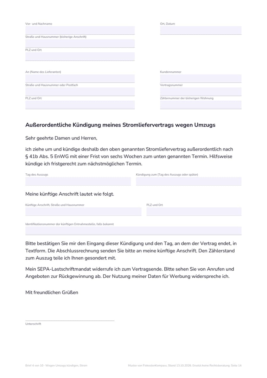 Seite 14 des Umzugs-Kits, Brief 4 zur Kündigung des Stromliefervertrags wegen Umzugs, mit Feldern für Absender, Lieferant, Tag des Auszugs und künftige Anschrift