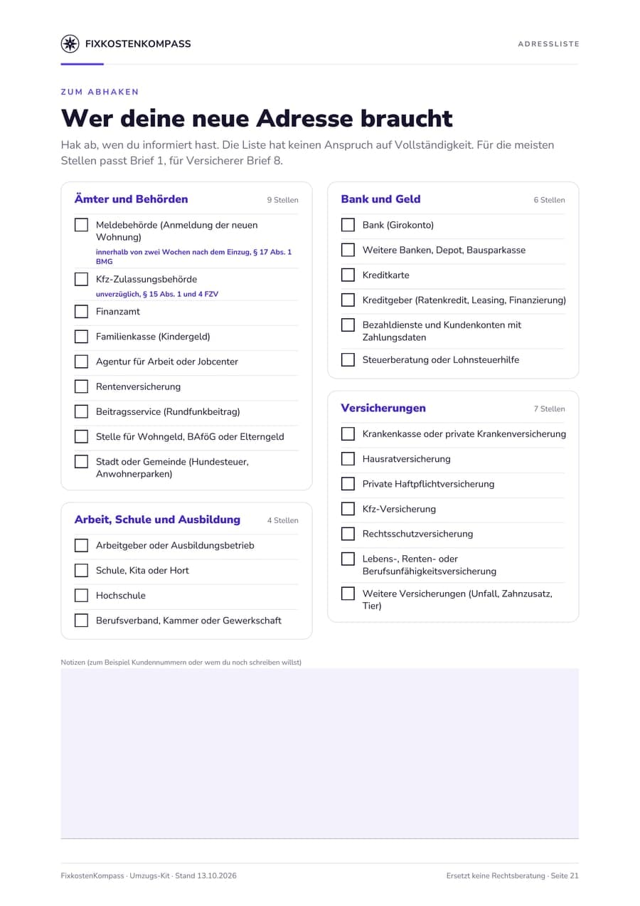 Seite 21 des Umzugs-Kits mit dem ersten Teil der Adressliste, von Ämtern und Behörden bis zu den Versicherungen, jede Stelle mit Kästchen