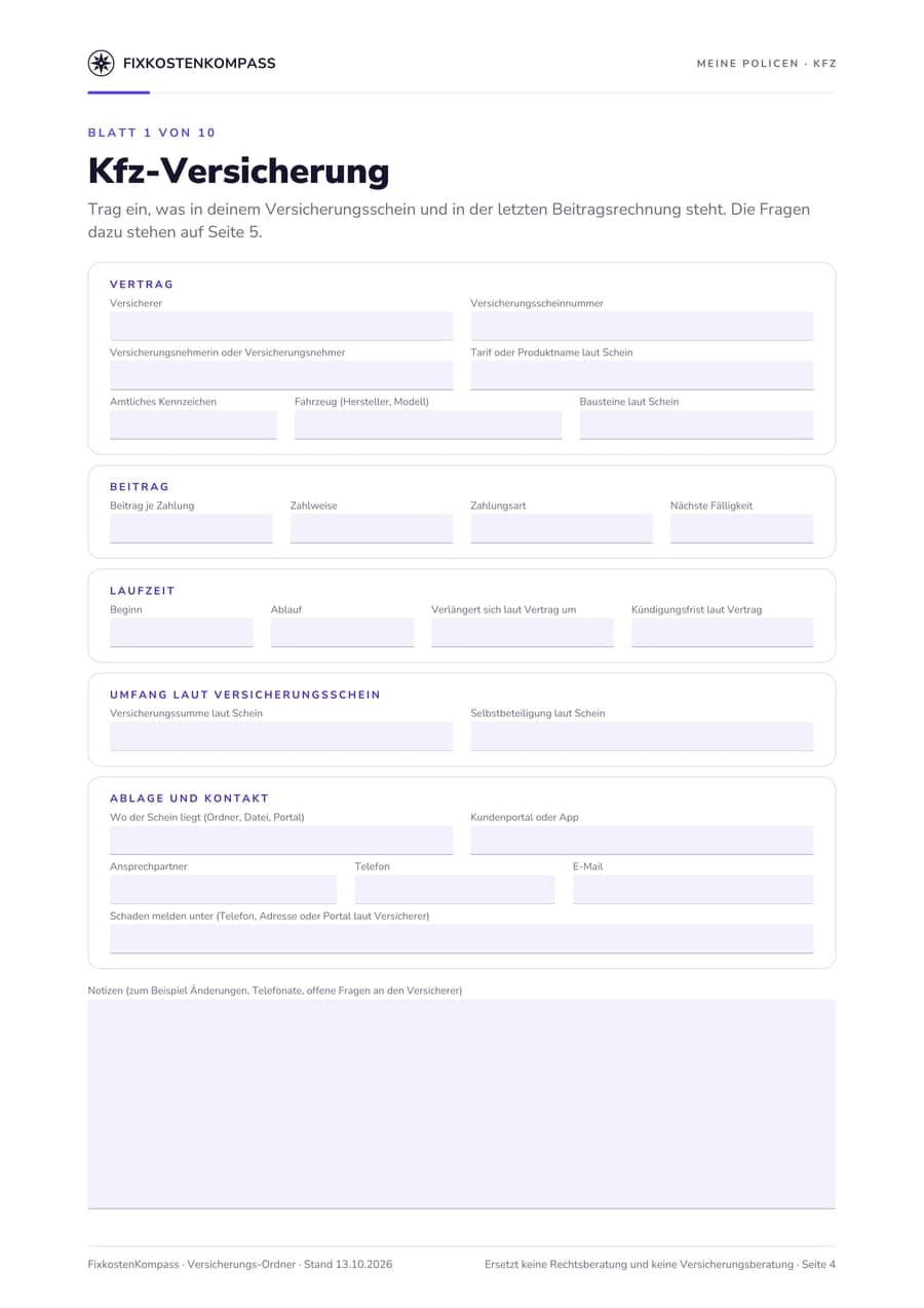 Seite 4 des Versicherungs-Ordners, Blatt für die Kfz-Versicherung mit Feldern für Versicherer, Versicherungsscheinnummer, Beitrag, Zahlweise, Laufzeit, Selbstbeteiligung, Ablage und Ansprechpartner