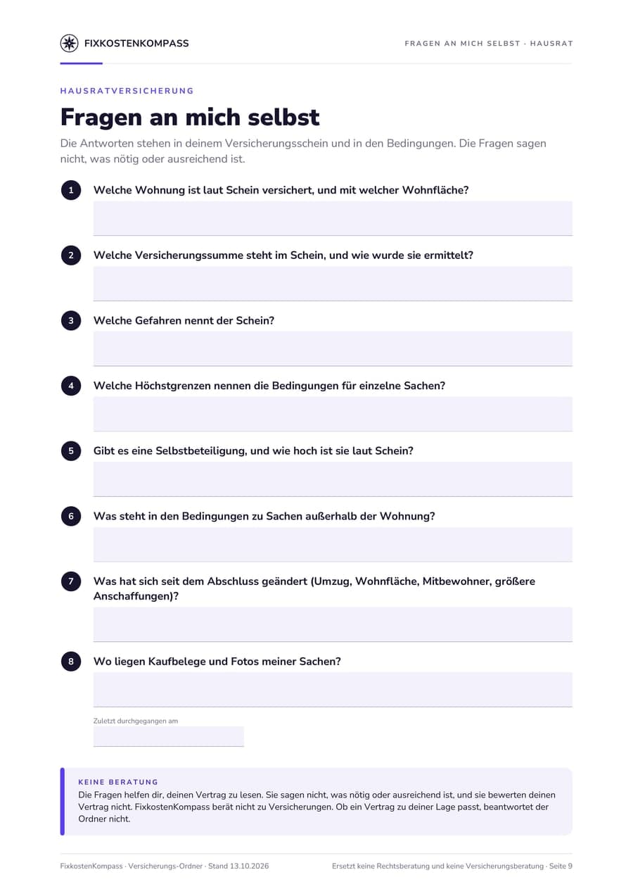 Seite 9 des Versicherungs-Ordners mit 8 Fragen an mich selbst zur Hausratversicherung, jede mit einem Feld für die Antwort, darunter der Hinweis, dass die Fragen nichts bewerten