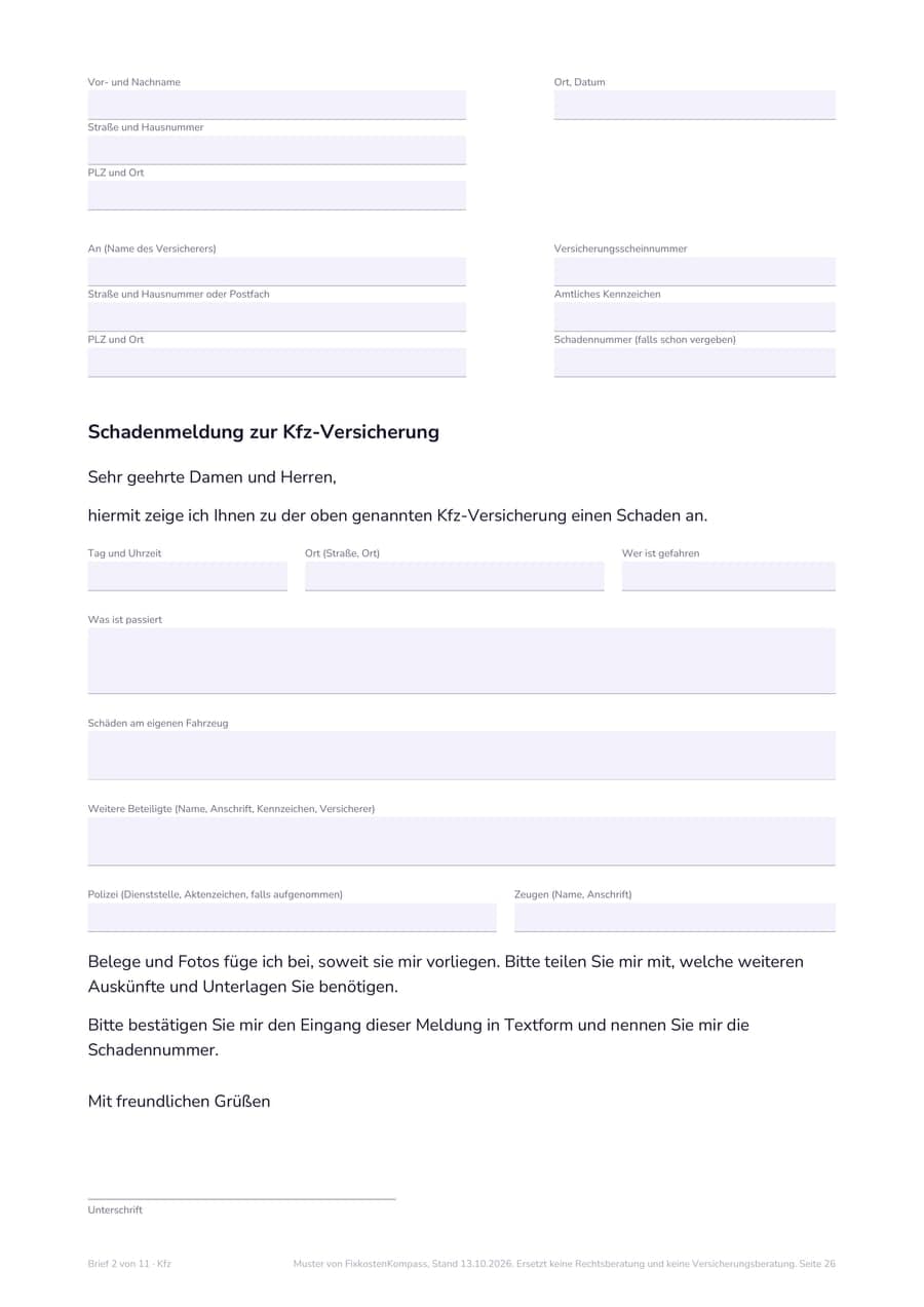 Seite 26 des Versicherungs-Ordners, Brief 2 zur Schadenmeldung an die Kfz-Versicherung mit Feldern für Absender, Versicherer, Kennzeichen, Hergang und Beteiligte